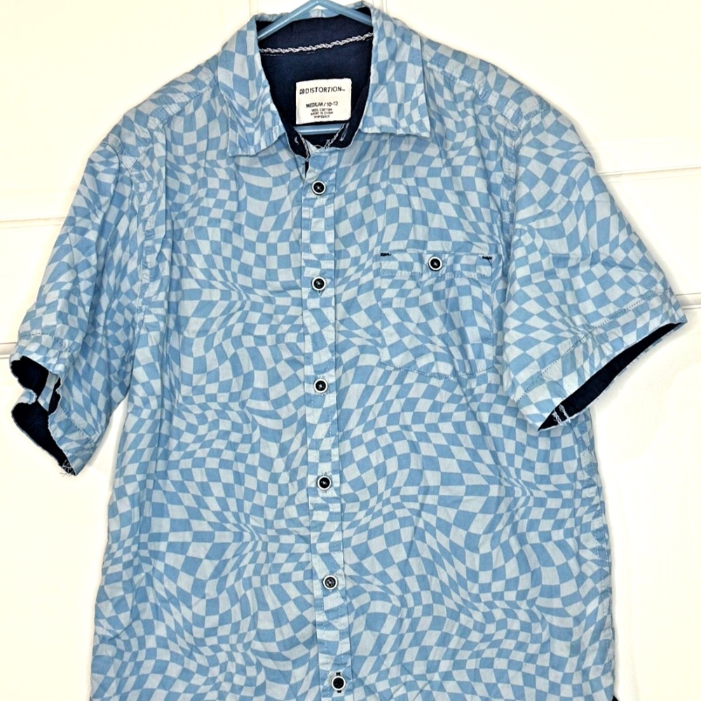 DISTORTION - Boys Short Sleeve Button Down Shirt - Blue Geometric - Size M 10/12